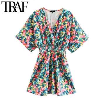 

TRAF Women Chic Fashion Floral Print Pleated Mini Dress Vintage Short Sleeve Elastic Waist Female Dresses Vestidos