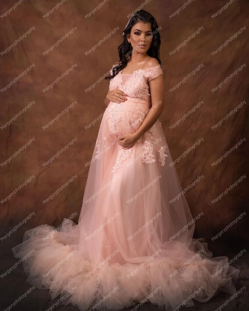 Momnfancy Pink Lace Wavy Edge Flowers Elegant Babyshower Maternity  Photoshoot Maxi Dress – momnfancy