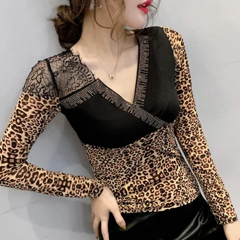 

2020 spring new mesh shirt fashion t-shirt long sleeve Leopard shirt women tops diamonds lace top ladies shirt t shirt clothes