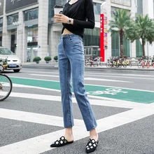 Женские джинсы, новинка, корейский стиль, свободная высокая посадка на пуговице, Твердые джинсовые карманы, модные студенческие Женские повседневные Стрейчевые брюки