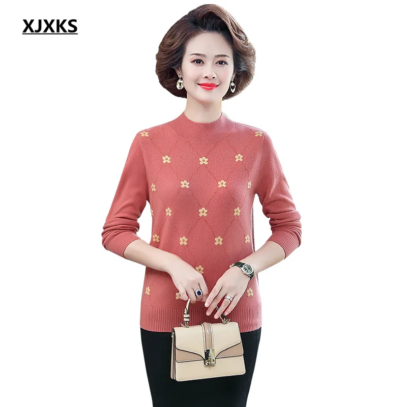 

XJXKS Winter 2022 new high-end 100% wool knitted sweater women pullover fashion printing women turtleneck sweater