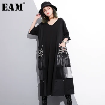 

[EAM] 2020 New Spring Summer V-collar Half Sleeve Black Pu Pocket Tassels Mesh Stitch Shirt Dress Women Fashion Tide JO193