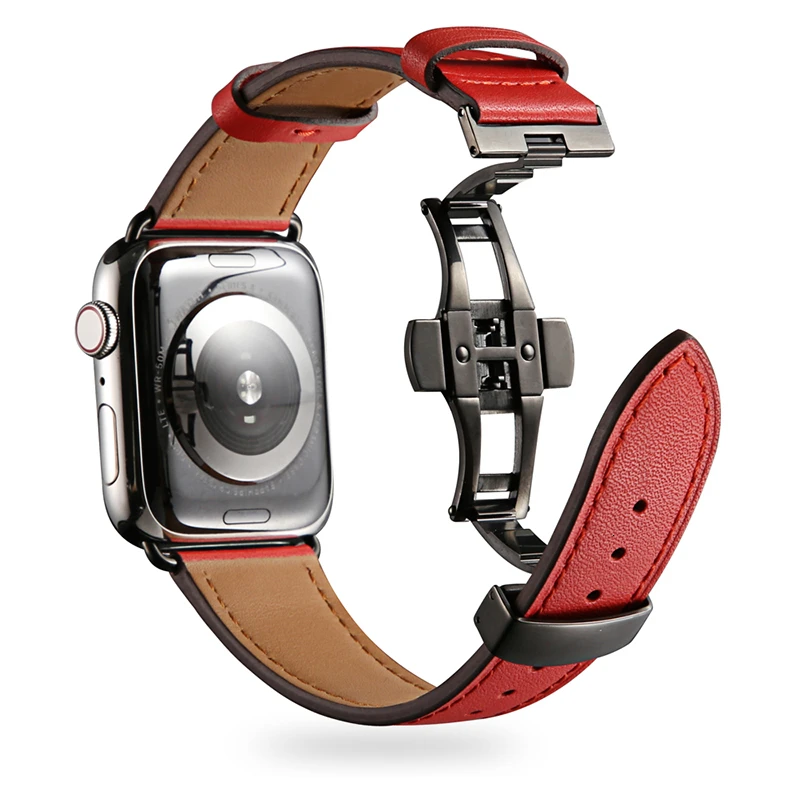 Ремешок из коровьей кожи для Apple Watch ремешок 44 мм браслет iwatch серия 5 4 3 2 1 Роскошная стальная пряжка 42 мм петля 38 мм Замена 40 мм - Цвет ремешка: Red Black