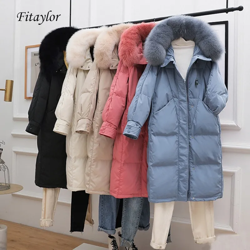 Fitaylor 2020 большой меховой капюшон куртка 90% утиный пух длинное пальто теплая зимняя