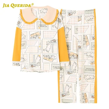 

Spring New Soft Cartoon Printing Long Sleeve Long Pants Sleepwear Fashion Style Casual Style Loungewear Woman Pajamas Set Pj Set