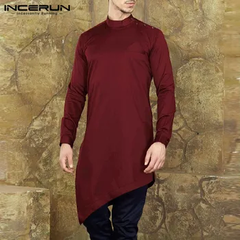 

INCERUN Mens Shirts Long Sleeve Solid Men Long Tops Stand Collar Muslim Kaftan Casual Irregular Shirts Men Indian Clothes 2020