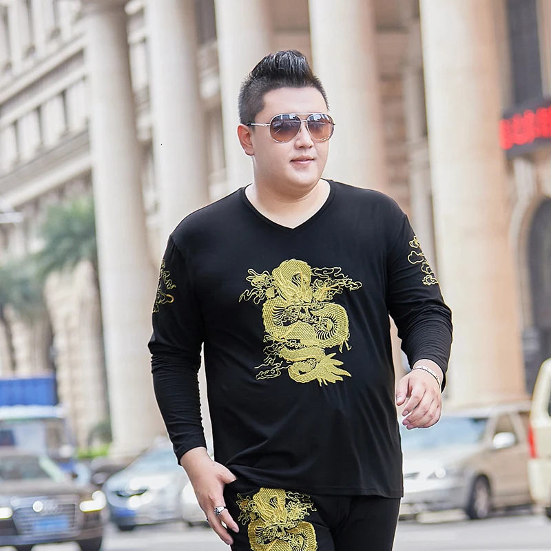 8XL Мужская футболка с длинным рукавом, спортивные топы для улицы, модная осенняя одежда с v-образным вырезом и принтом, свободная хлопковая Футболка большого размера