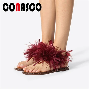 

CONASCO Sexy Fashion Women Sandals Gladiator Women Flats Beach Casual Low Heels Summer 2020 New Feather Flat With Shoes Woman
