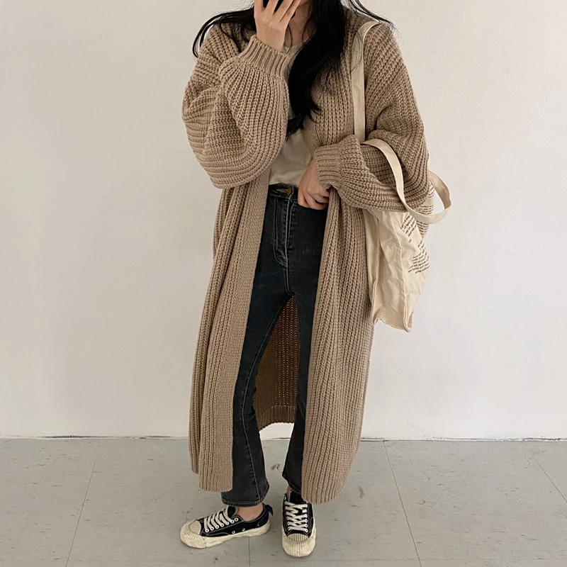 Sungtin Casual Long Knitted Cardigan Women Vintage Black Loose Sweater Coat Solid Oversized Jumper Outwear Autumn Winter 3 Color