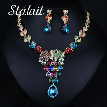 

Fashion Crystal Leaf Heart Bridal Jewelry Sets Women Silver Color Earrings Necklace Set Plant jewelry Wedding Dress Accessories