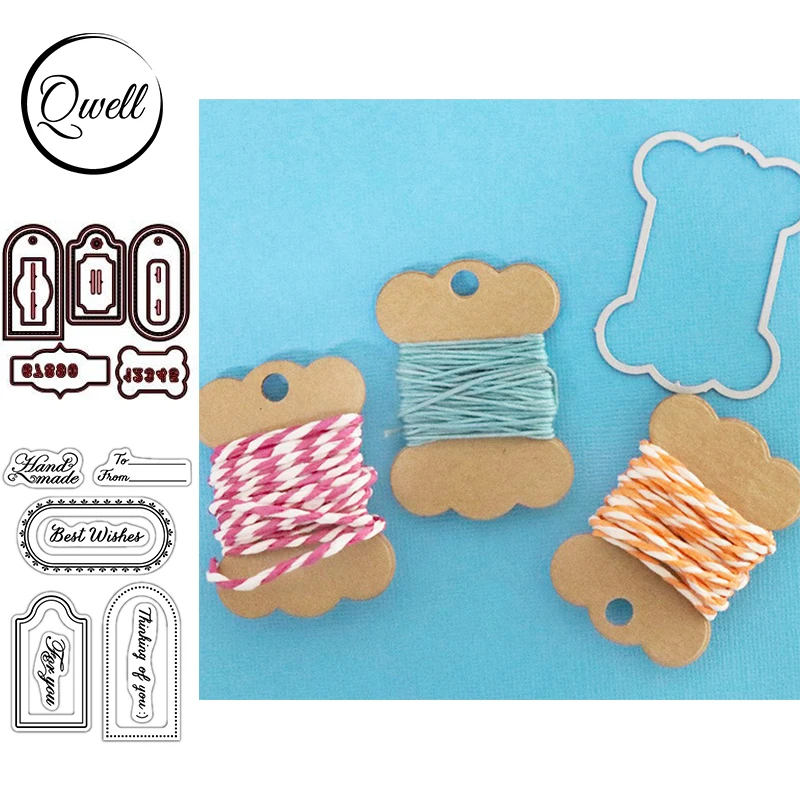 

QWELL Best Wishes Handmade Metal Cutting Dies & Clear Silicone Stamps Thread Collector Signature Tag For DIY Craft Scrapbooking