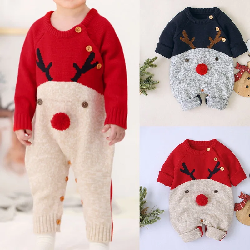 

Baby Boys Christmas Rompers Knitted Infantil Jumpsuits Toddler Girls New Year's Costume Children Warm Wool Clothes 0-2Y