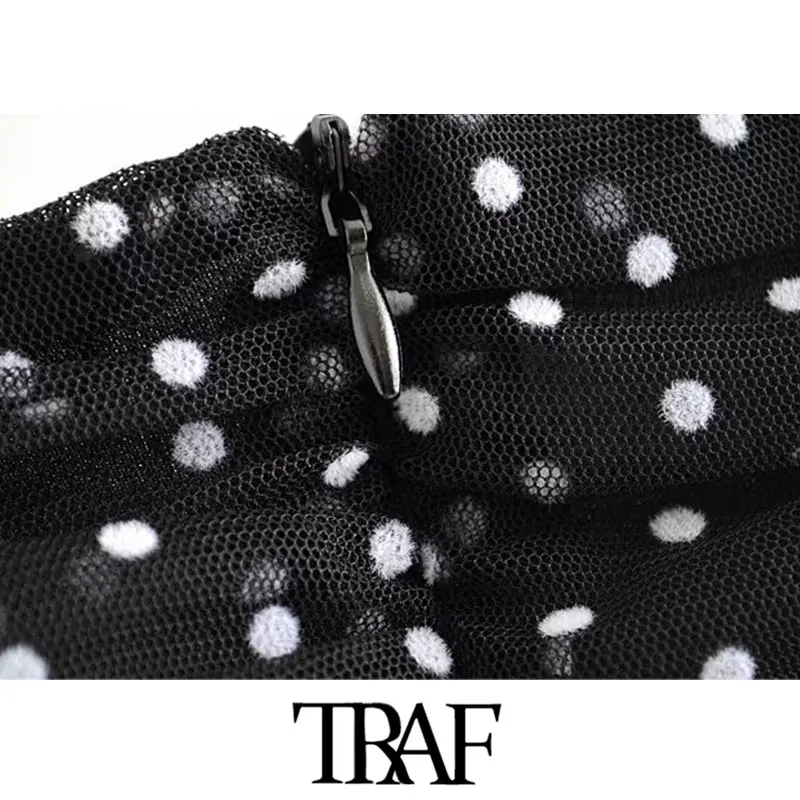 TRAF женское винтажное стильное облегающее мини-платье в горошек с оборками модное облегающее платье с квадратным воротником и рукавом до локтя Vestidos