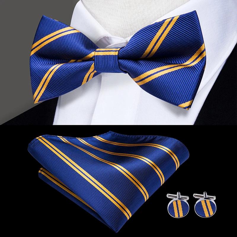 LH-504, Hi-Tie, высокое качество, шелковые галстуки для мужчин, классические, синие, золотые, в полоску, мужские, для свадьбы, вечеринки, галстук-бабочка, галстук, Hanky, запонки, набор