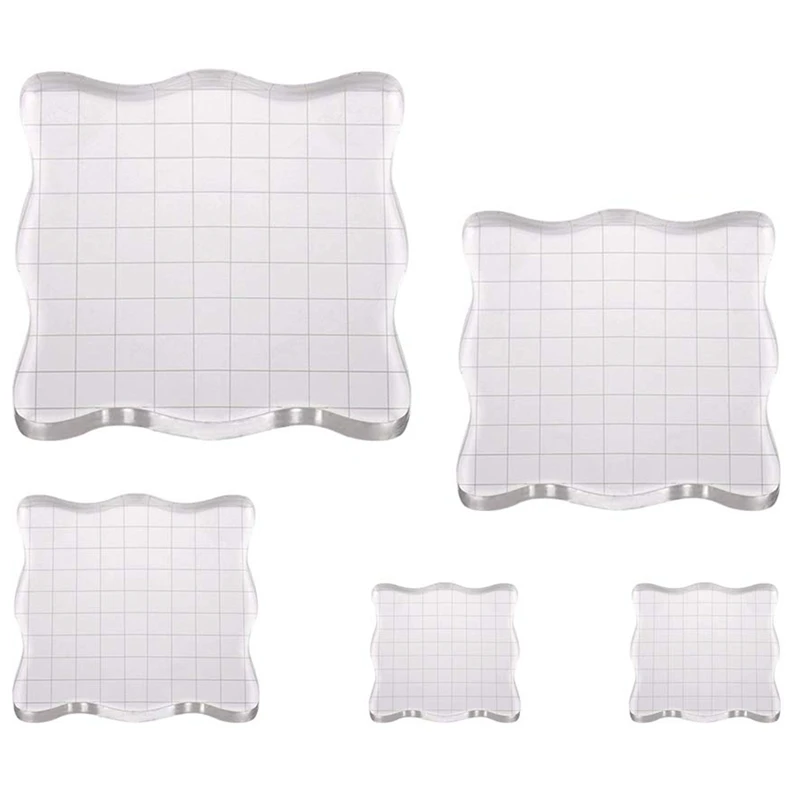 

5 Pcs Acrylic Blocks with Grid Lines, Acrylic Clear Stamping Blocks Set for Scrapbooking Crafts Making 4 Sizes Thicker Wavy Edge