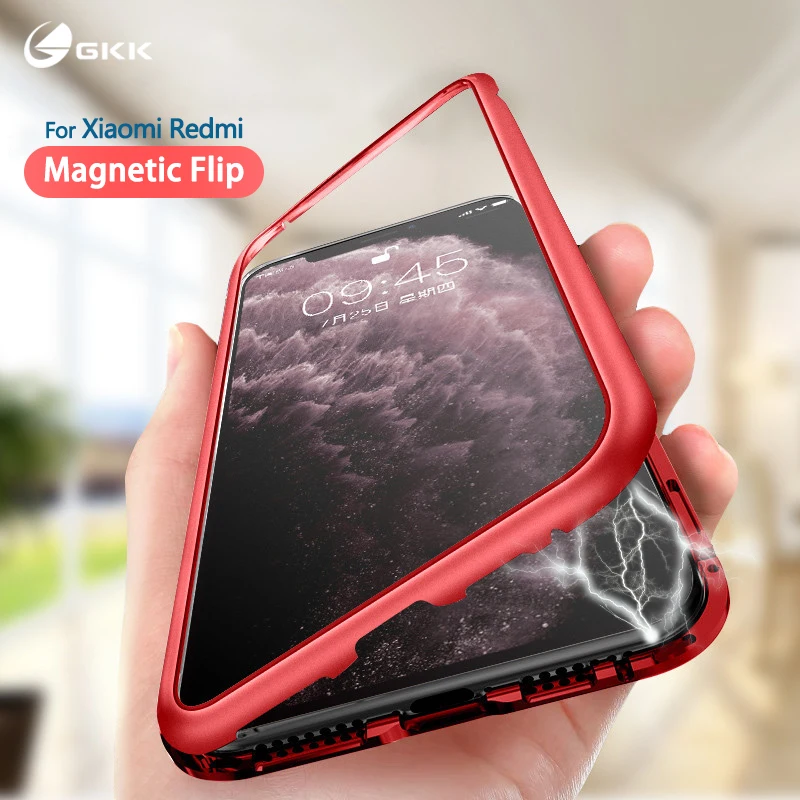 GKK Magnetic Adsorption Case For Xiaomi Redmi Note 7 8 Pro One Side Tempered Glass Back Cover 7A 8A Coque |