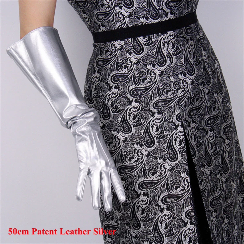 50cm Patent Leather Long Gloves Big Sleeve Lantern Sleeve Emulation Leather Bright Leather Bright Rose Red Female WPU12-50W