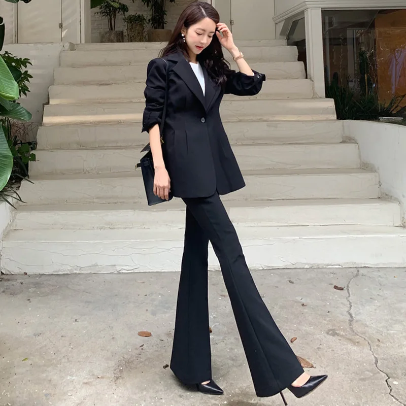 

Business Uniform Women Flares Pant Suits 2 Piece Set slim Blazer Jacket Office lady business office wortrumpet female pants suit