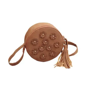 

Round Crossbody Shoulder Bag Satchel Handbag with Flowers Tassel Small Circle Purse