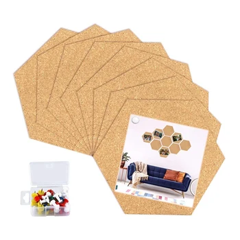 

AAY-8 Pack Hexagon Cork Board Tiles with Full Sticky Back,Mini Pin Board with 40X Push Pins for Pictures, Photos, Drawing