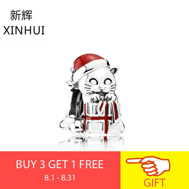

XINHUI Fashion 925 Sterling Silver Christmas Cat Red Enmal Charm Purple Clear CZ Beads For Original Bracelet Women DIY Jewelry