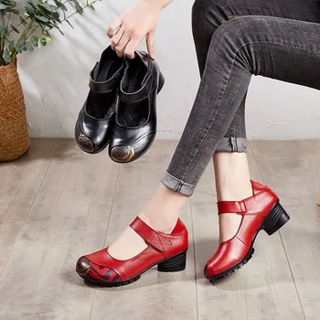 

2020 Womens Genuine Leather Sewing Flower Mixed Color Middle Heeled Chunky Mothers Elegant Retro Delicate Pretty Dancing Shoes