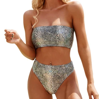 

Colorful Silver Snake Pattern Bikini Women Sexy Off Shoulder Bandeau Swimwear Brazilian Solid Bathing Suit L