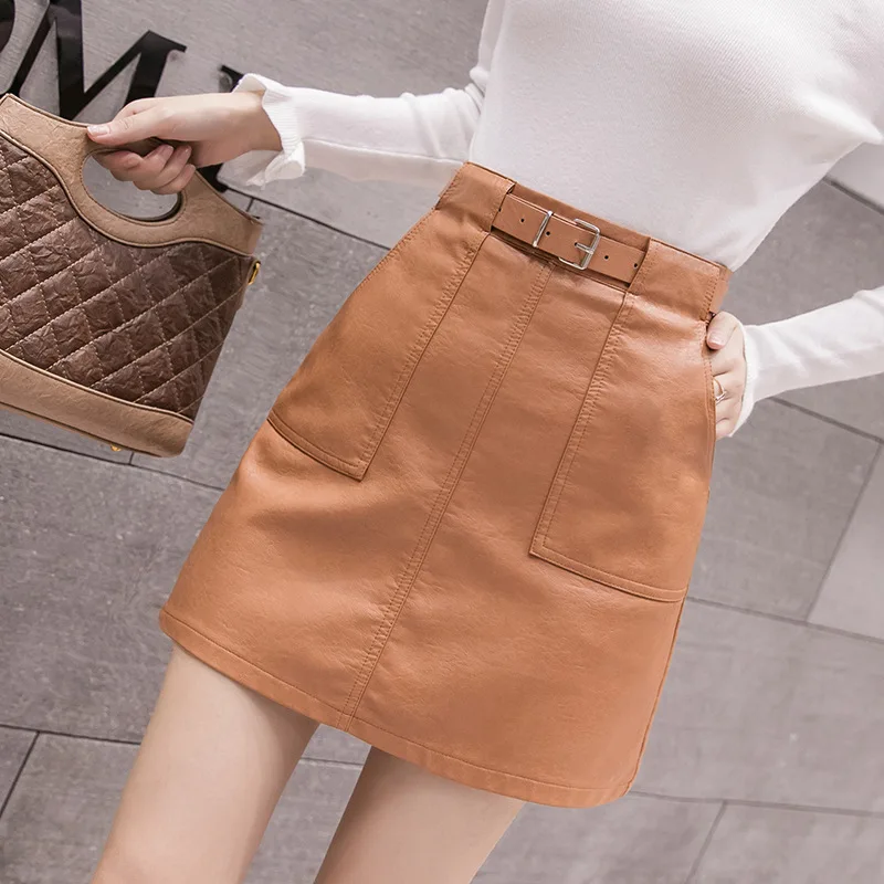 Hoge Taille Een-Lijn Rok Vrouwen Fotoshoot 2019 Herfst En Winter Koreaanse Stijl Pu Leer wassen Water Rok Schede Korte S Hoge Taille Een-Lijn Rok Vrouwen Fotoshoot 2019 Herfst En Winter Koreaanse Stijl Pu Leer wassen Water Rok Schede Korte S