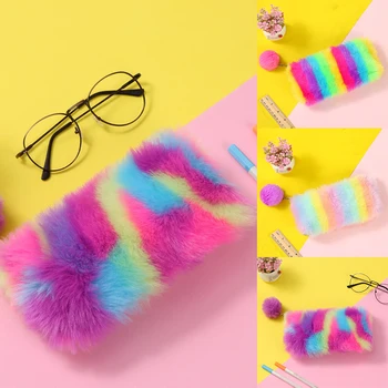 

Cute Rainbow Plush Pencil Case For Girls Pencil Bag Stationery Pencilcase Kawaii School Supplies Stationery Ball Gift Makeup Bag