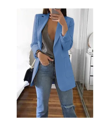 blue Пальто больших размеров 5XL, осень, женские облегающие костюмы-кардиган, куртки, повседневные, открытая передняя часть, OL, Блейзер, для девушек, солидные, официальные, блейзеры, пальто - Цвет: blue