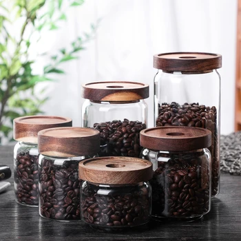 

Transparent sealed jar with lid wooden lid storage jar vacuum candy glass bottle food container Moisture proof Jar for coffee