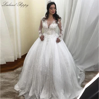 

Luxury A-line Crystal Beaded Wedding Dresses Long Sleeves Lace Appliques Floor Length Shiny Vestido de Novia Bridal Gowns