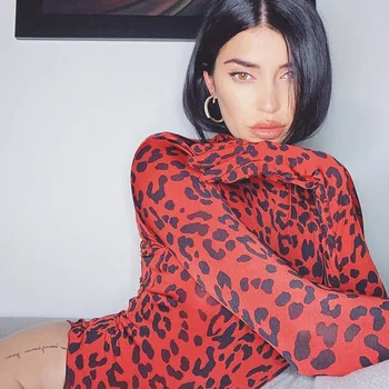

Sexy Long Sleeve Gloves Leopard Bodysuits Romper Women Sexy High Neck Jumpsuits Red Green Party Club Ladies Bodysuit Clothes