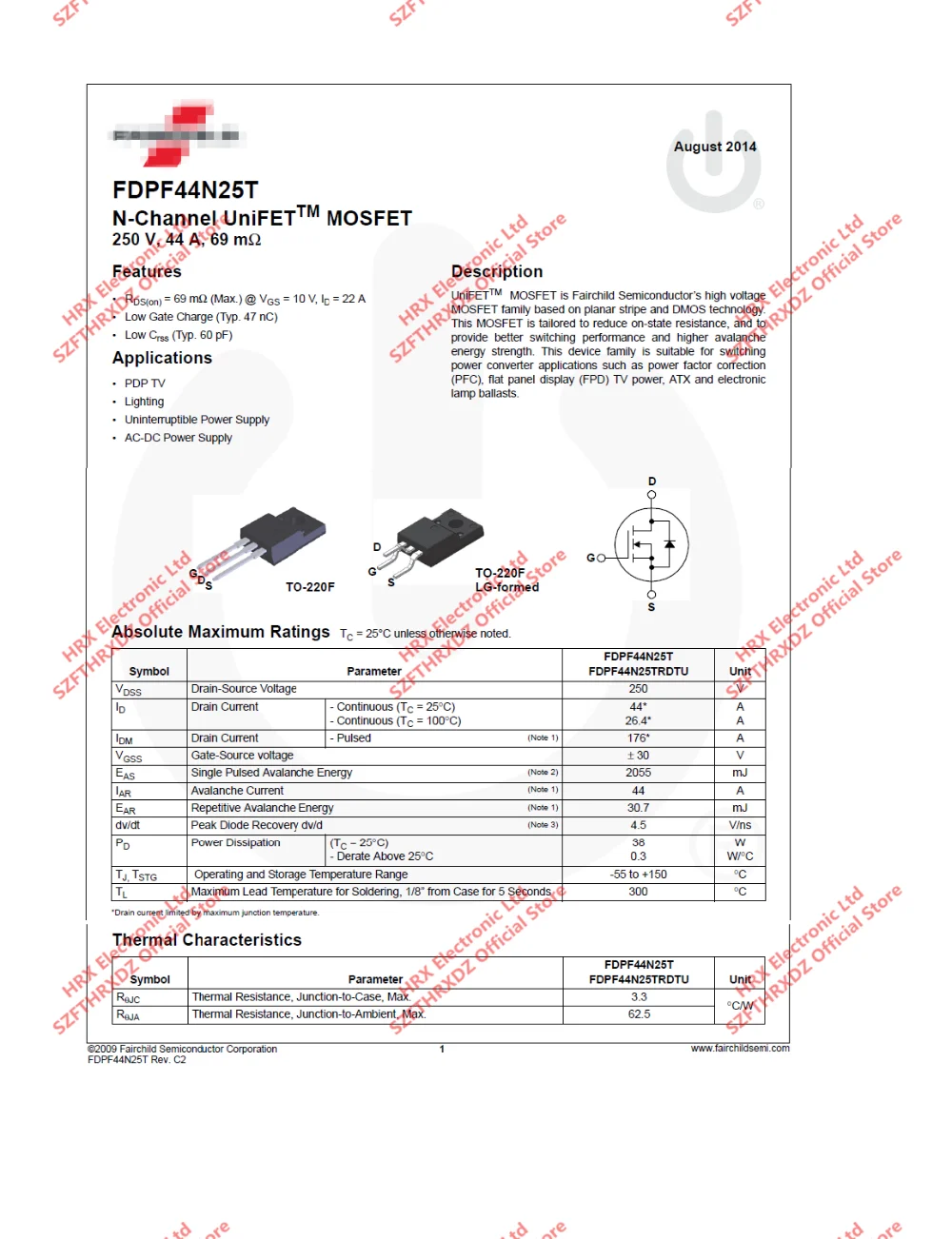 FDPF44N25TRDTU FDPF44N25T TO-220F 44N25T TO220F MOSFET UF 250V 44A 50 шт./трубки
