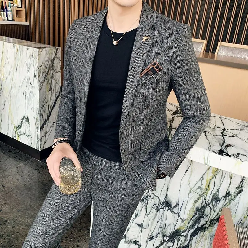 Mens Suit Luxury Men Slim Fit Check Suit Men Business Office Formal Suits 2 Pcs Set Blazers Pant Casual Wedding Social Tuxedo Dress Homme
