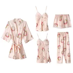 2019 осенний пижамный комплект для сна с цветочным принтом, 5 предметов, пижама, атласная Шелковая пижама с короткими рукавами, ночная рубашка