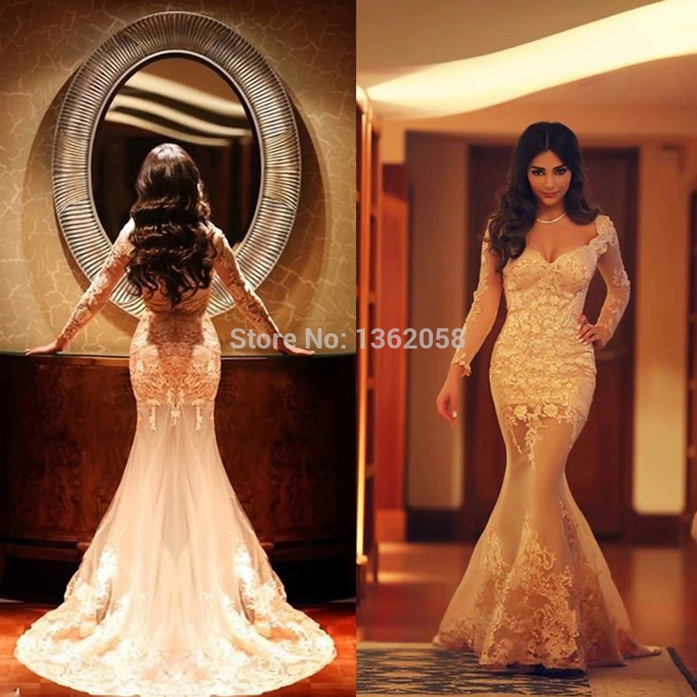 

robe de soiree Vintage Design Deep V Neck Appliqued Lace Mermaid Tulle Prom Dresses 2018 long sleeves vestido de noiva