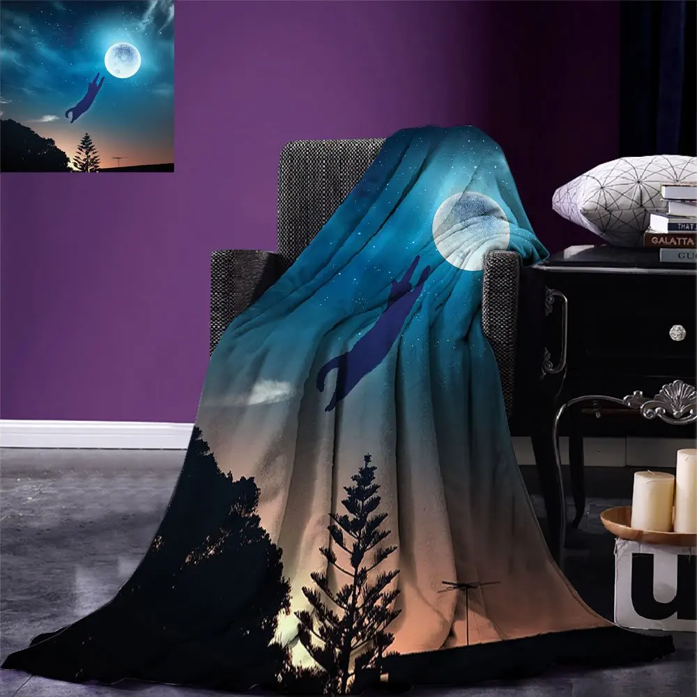 Cat Throw Blanket Jumping in the Air Catching Moon at Night Sky with Stars Fantasy Artwork Warm for Bed Couch | Дом и сад