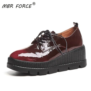 

MBR FORCE Women Cow patent leather Chunky British Style New Fashion Retro Women Platform Casual Ladies Thick bottom shoes Casual