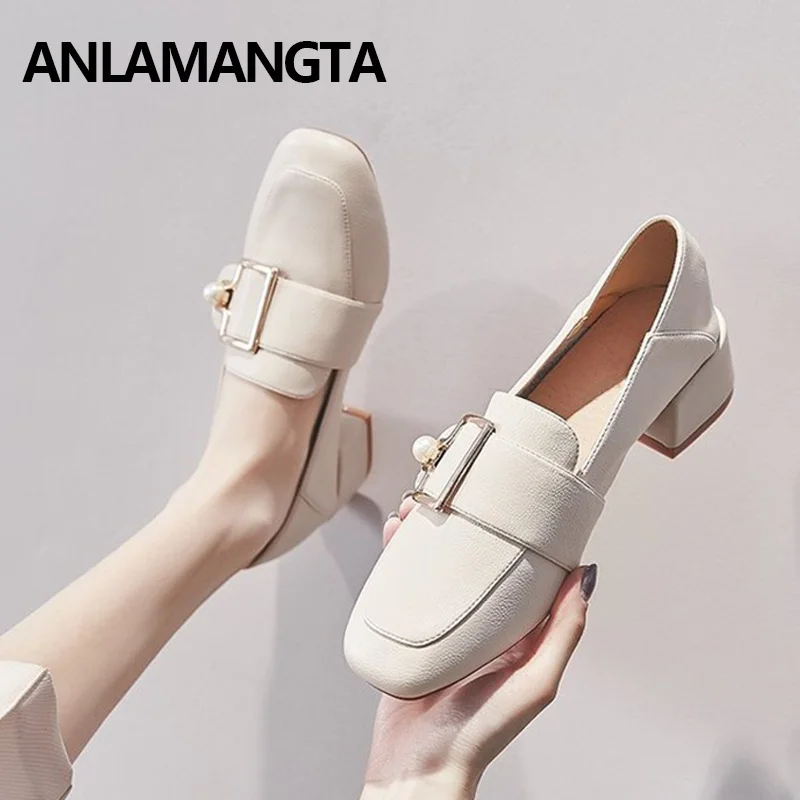 British Style Women's Loafers PU Leather Low Square Heels Shoes Slip On Square Toe Metalic Shoes Casual Shoes Women's Shoes