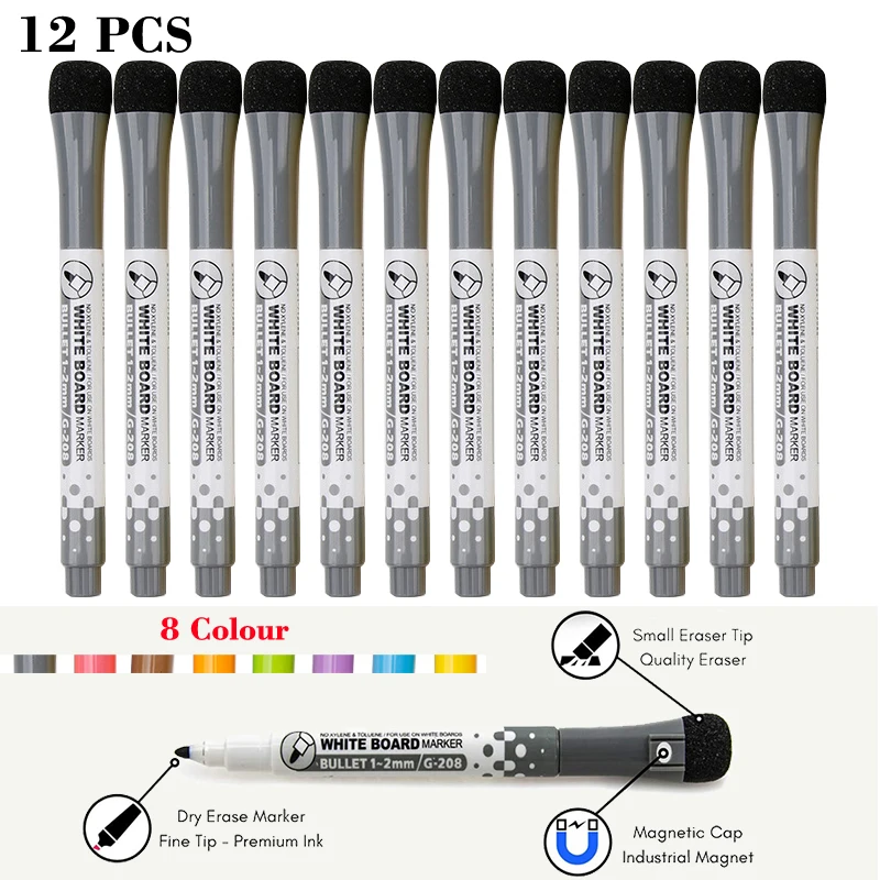 

12 Pcs/lot Magnetic Dry Erase Whiteboard Markers Water 8 Colour Pen Black and White Office Supplies for Glass Ceramic Tile