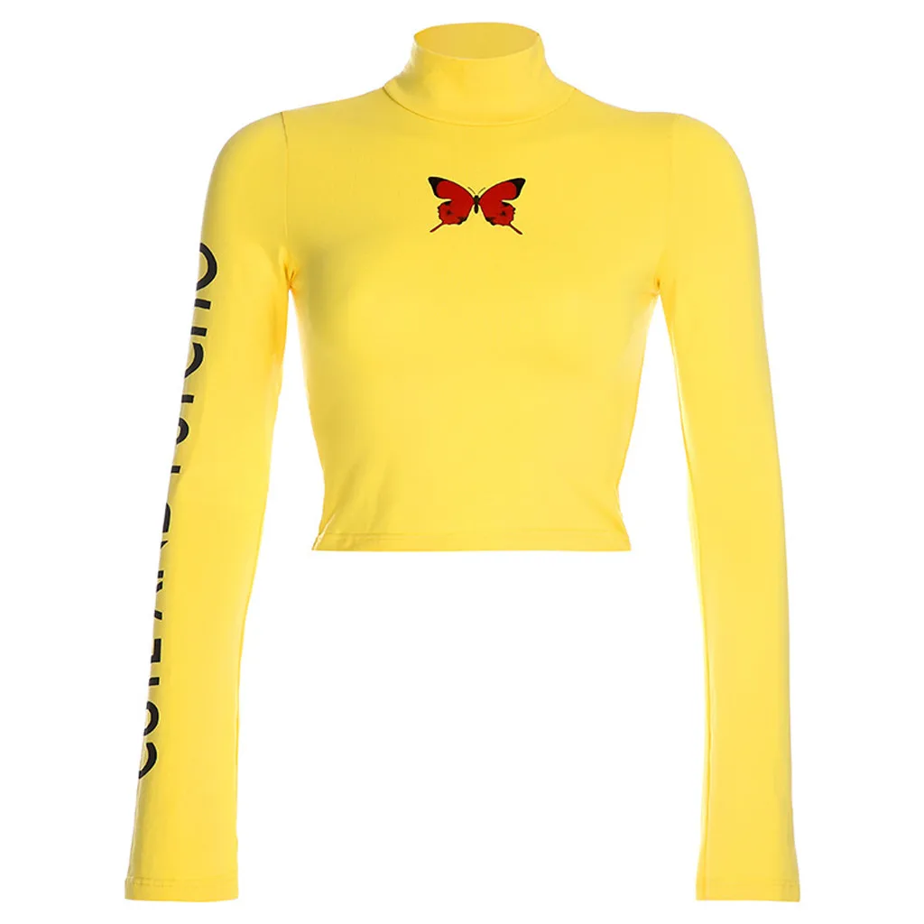 

Sexy Turtleneck Butterfly Printed Women Hoodies Fashion Girls High-collar Leisure Thin Sweatshirts Blouse Yellow Pullover Hoodie