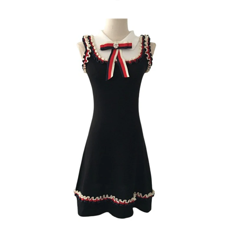 

PERHAPS U sleeveless tank dress mini dress bow ruffle turn down collar black white D1270