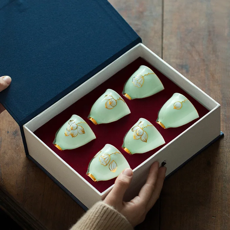 

Celadon hand-painted gold ceramic cup gift set