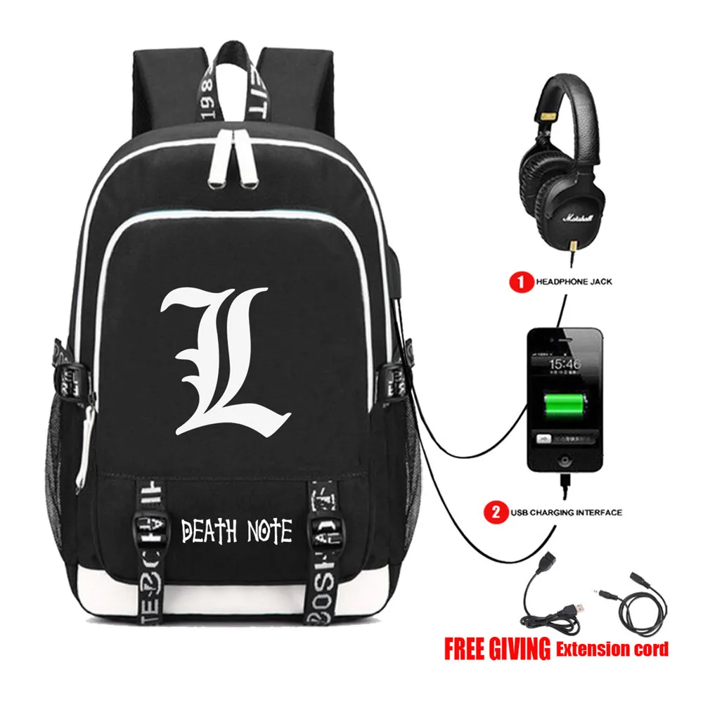 06 Рюкзак для косплея с надписью «Death Note», USB зарядка, разъем для наушников, школьные сумки с мультяшным принтом, Повседневная дорожная сумка для ноутбука - Цвет: 06