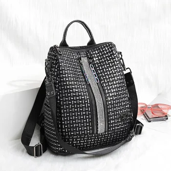 

color chain Vintage double shoulder bag women's fashion all-around soft leather women's backpack with diamonds