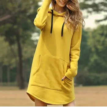 

Plus Size Women Fleece Dress Tracksuits Casual Long Sleeve Loose Long Hoodies Hooded Female Pocket Drawstring Pullovers Dresses