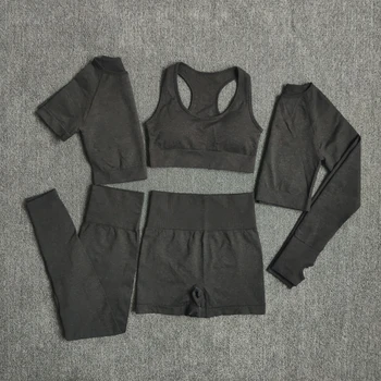 

5pcs set Women Workout Seamless Yoga Set Fitness Short Sleeve Long Crop Top Shirts Running Gym Leggings Shorts Gym Clothes