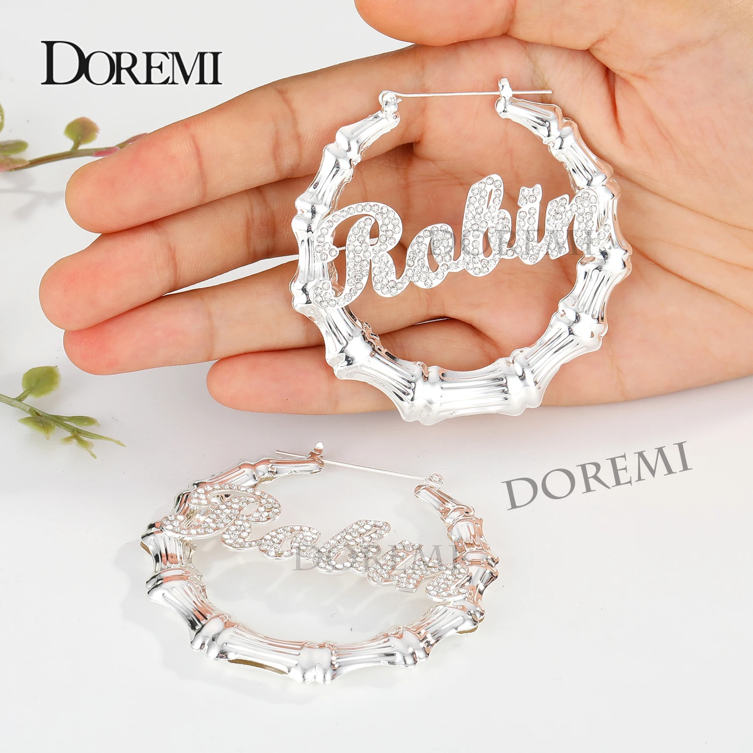 DOREMI Bling Name Bamboo Earrings Custom Trapezoid Hoop Bamboo Names Earrings Letter Big Personalised Name Earrings Women Gift afbeelding