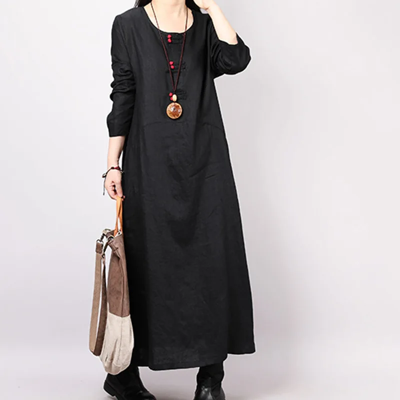 

Large Size Dress Solid Color Cotton Linen Dress Women's 2020 Spring New Style Retro Loose-Fit Crew Neck Long Sleeve Pullover Lon